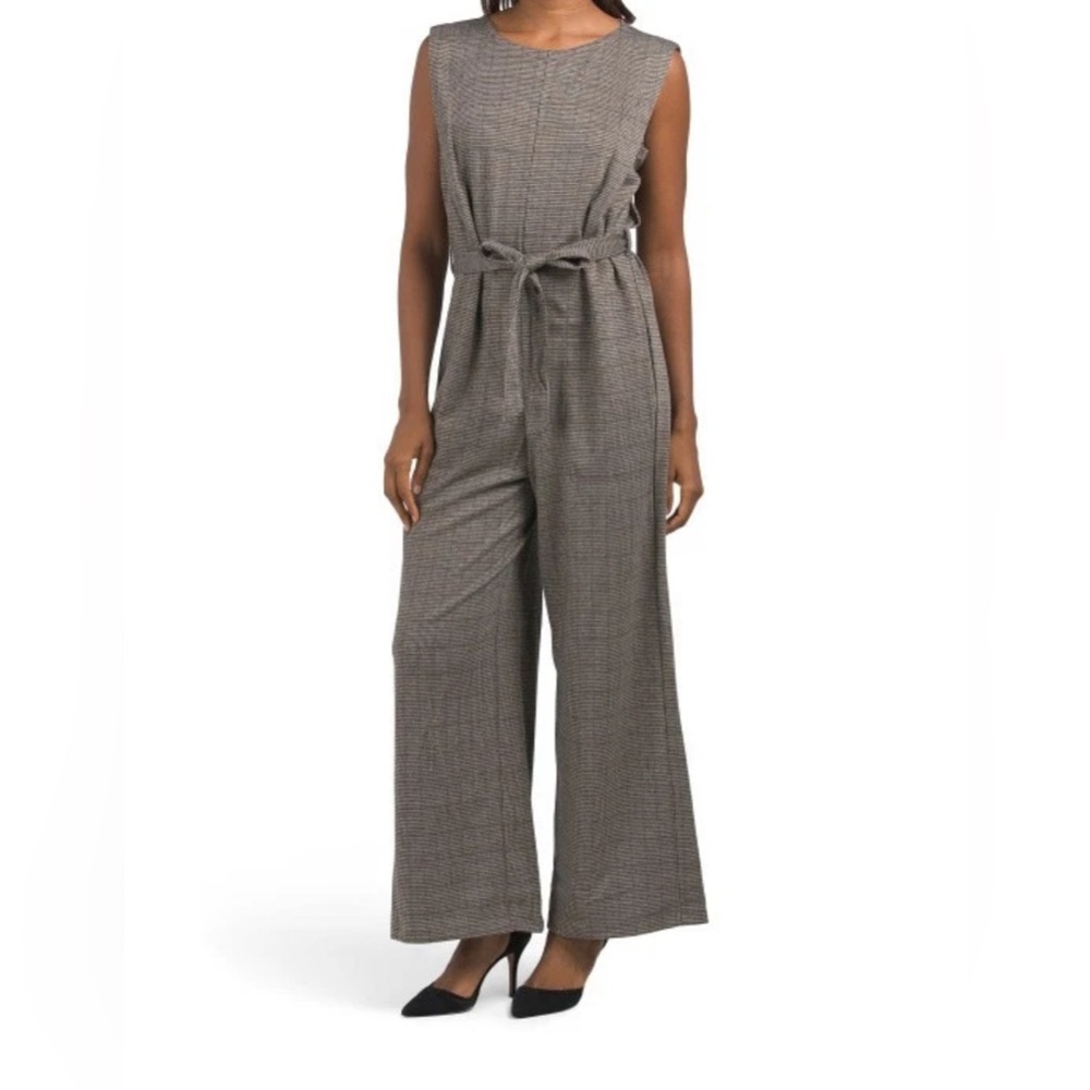 Max Studio Gray Glen Plaid Wide Leg Jumpsuit Belted Sleeveless Size S